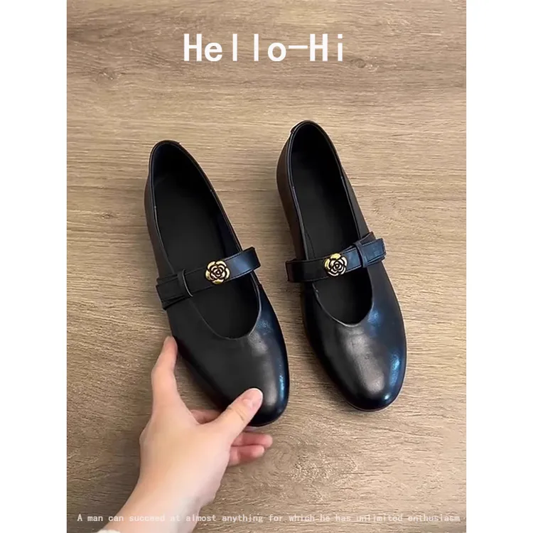 羊皮版~复古山茶花圆头小单鞋女英伦风一字带通勤低跟玛丽珍鞋子
