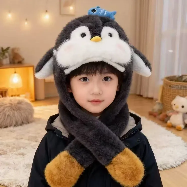耳朵会动的儿童帽子围巾一体两件套男女宝宝秋冬季保暖加厚毛绒帽