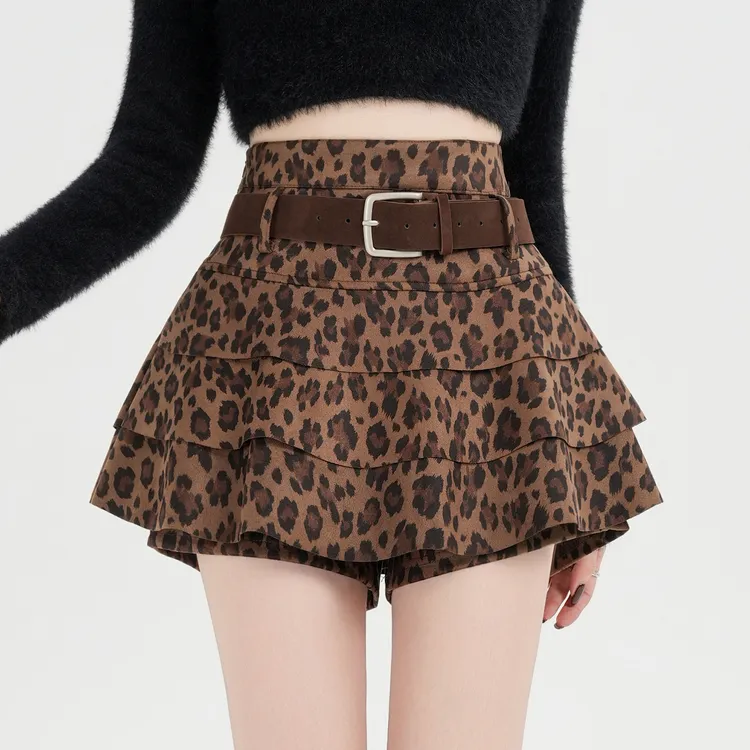 美式豹纹蛋糕裙短裙裤女秋冬高腰显瘦辣妹防走光a字蓬蓬裙半身裙