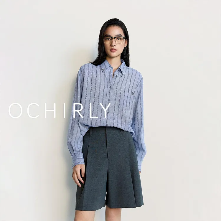 OCHIRLY欧时力 100%莱赛尔长袖衬衫女上衣条纹中长款2025夏季新品