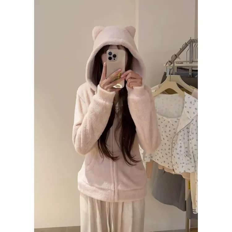 【软糯猫猫】粉色卫衣毛针织连帽长袖修身设计感保暖毛绒外套