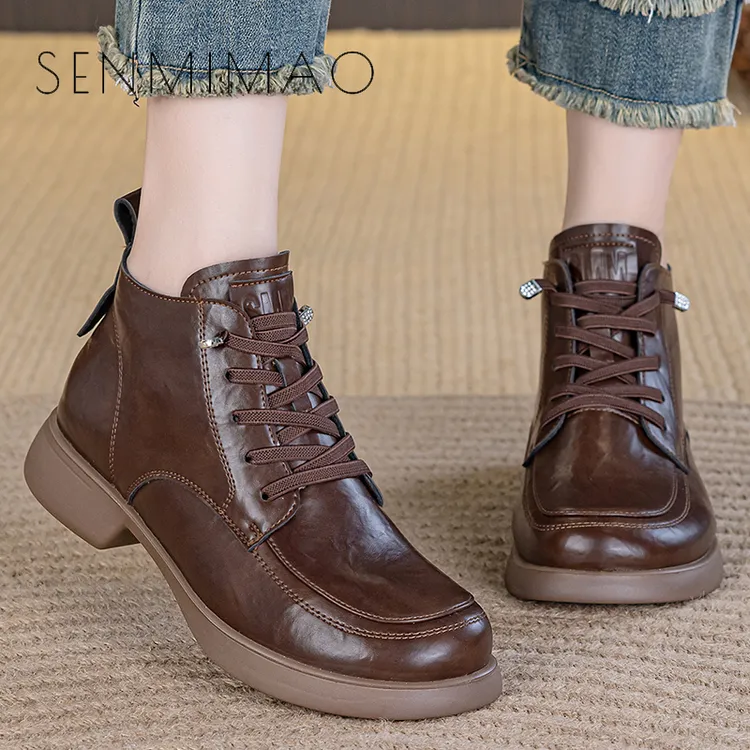 靴子女新款厚底增高百搭英伦工作鞋早秋真牛小皮鞋时尚厚底时装靴