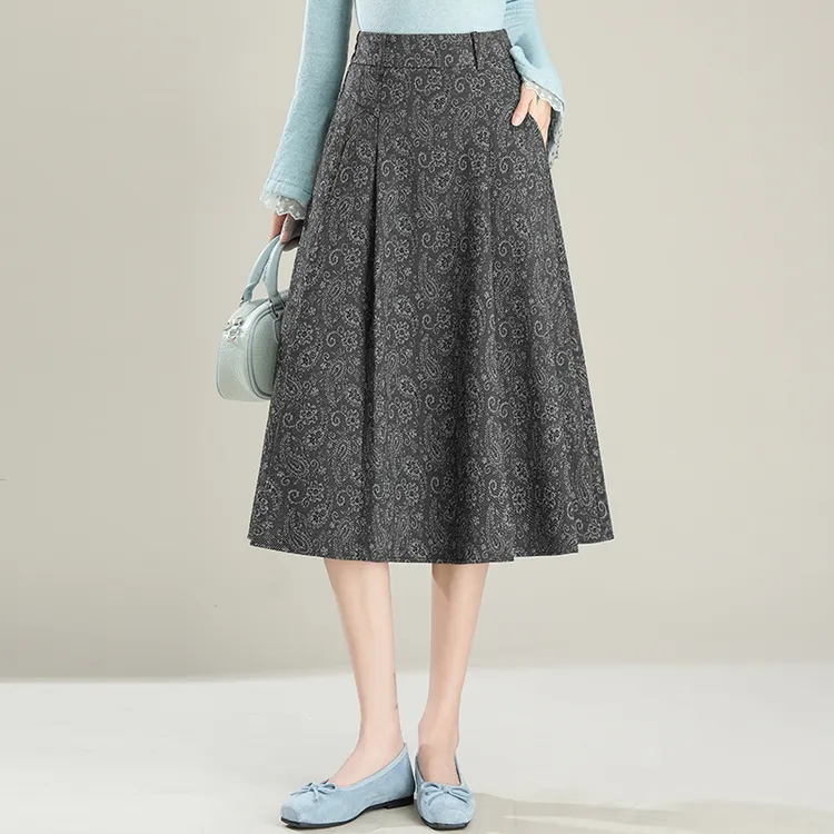 提花半身裙大摆裙女2025秋季收腰中长款高腰伞裙百褶复古a字裙子