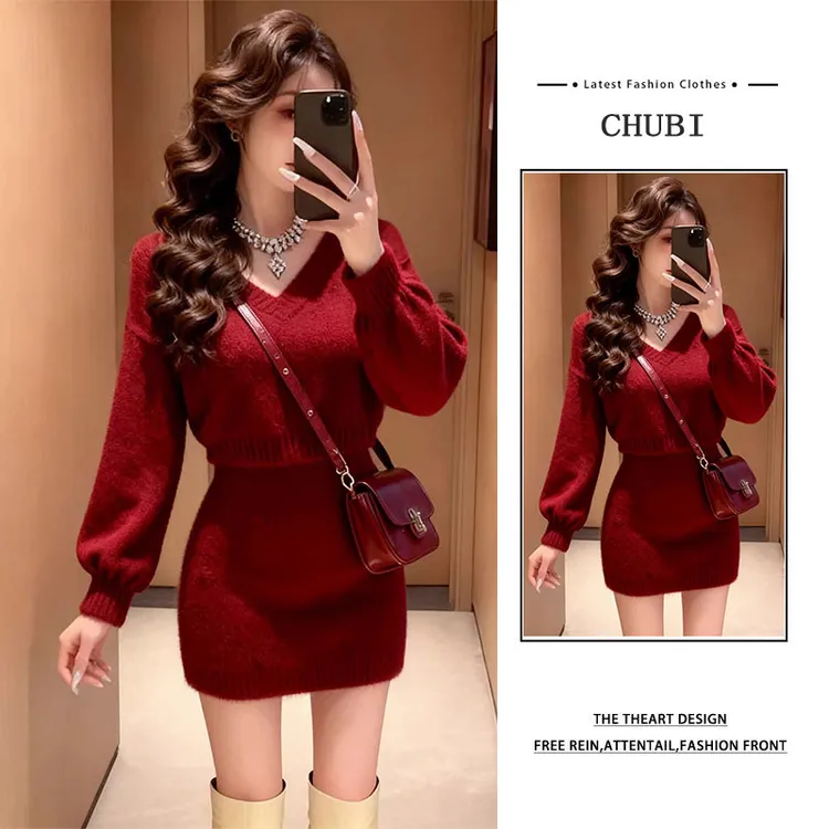 2025秋冬季新款套装女V领气质显瘦针织毛衣搭配A字针织短裙两件套