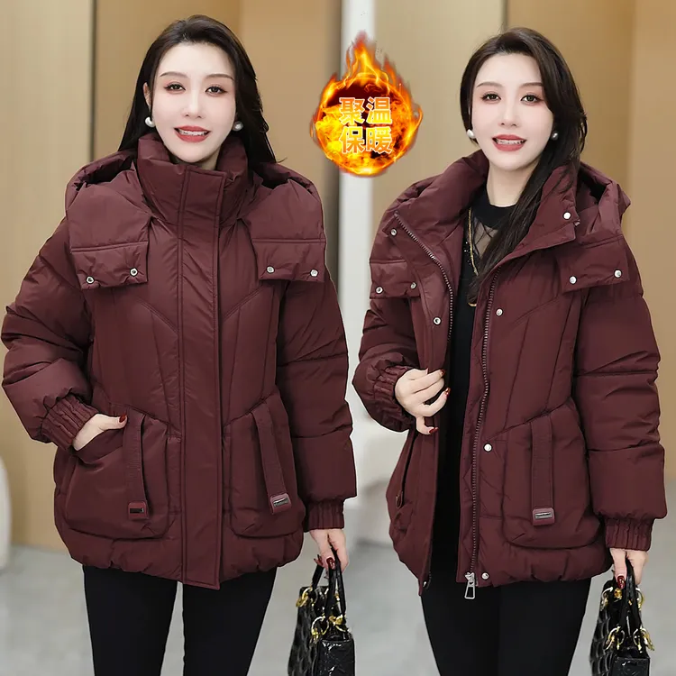 妈妈装加绒保暖连帽外套女2025新款秋冬季加厚棉服洋气上衣