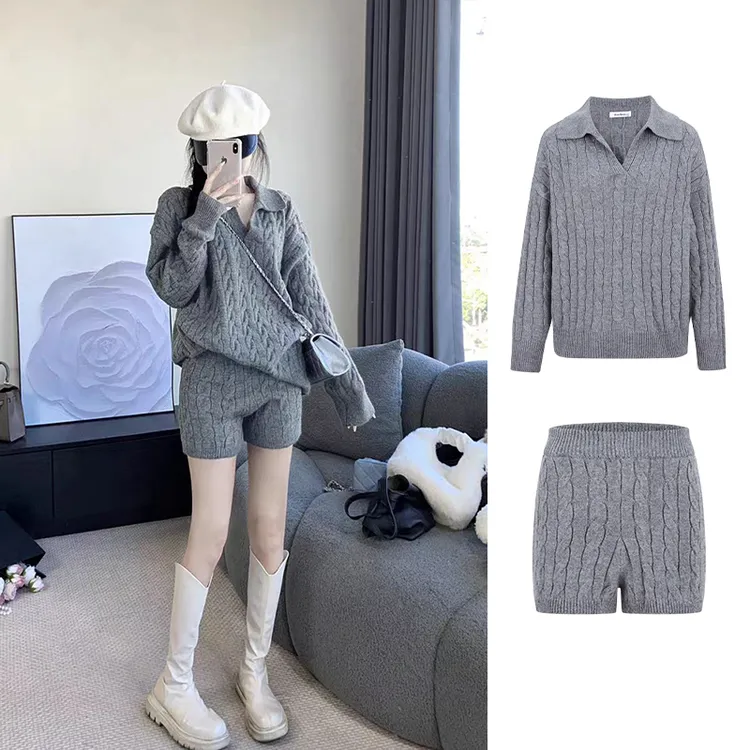 Moses Queen/魔西女王花灰复古麻花Polo领显瘦针织衫高腰百搭短裤
