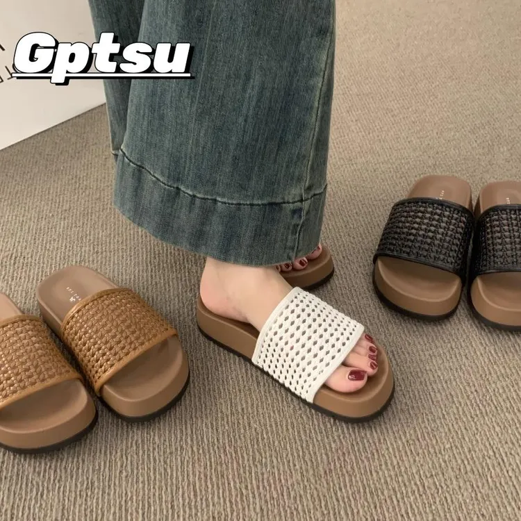 GPTSu法式厚底晚晚风镂空编织一字拖鞋女外穿夏季休闲沙滩凉拖鞋
