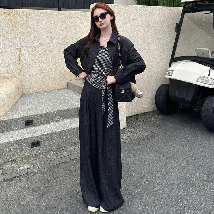 拉夏贝尔2025早秋新款时尚长袖格子吊带阔腿裤显瘦高级感套装女