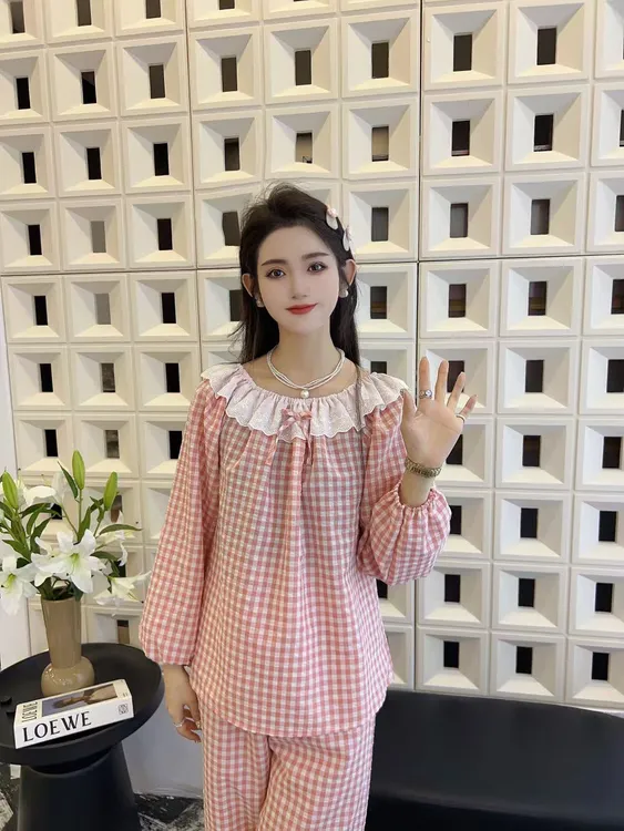 韩版公主风格子睡衣女春秋长袖甜美家居服套装