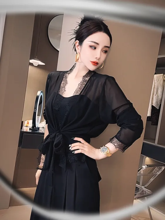 莎火火-原创新款夏季防晒衬衫蕾丝拼接雪纺纱轻薄不规则上衣3008