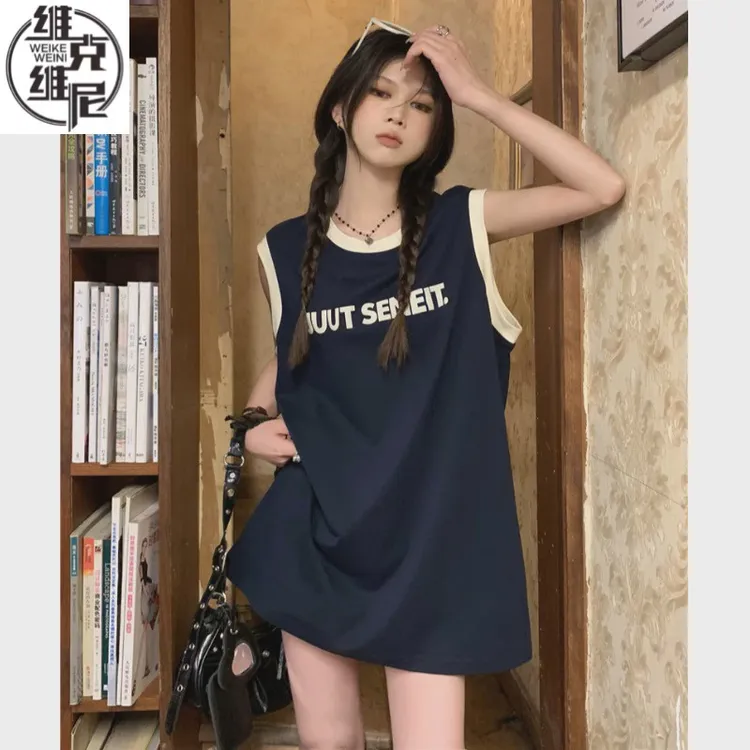 美式休闲运动背心无袖恤女夏季大码胖宽松显瘦炸街中长款上衣