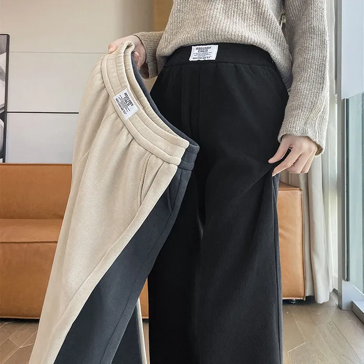 雪尼尔阔腿裤女秋冬季加绒裤子2025新款高腰窄版直筒休闲大码女裤