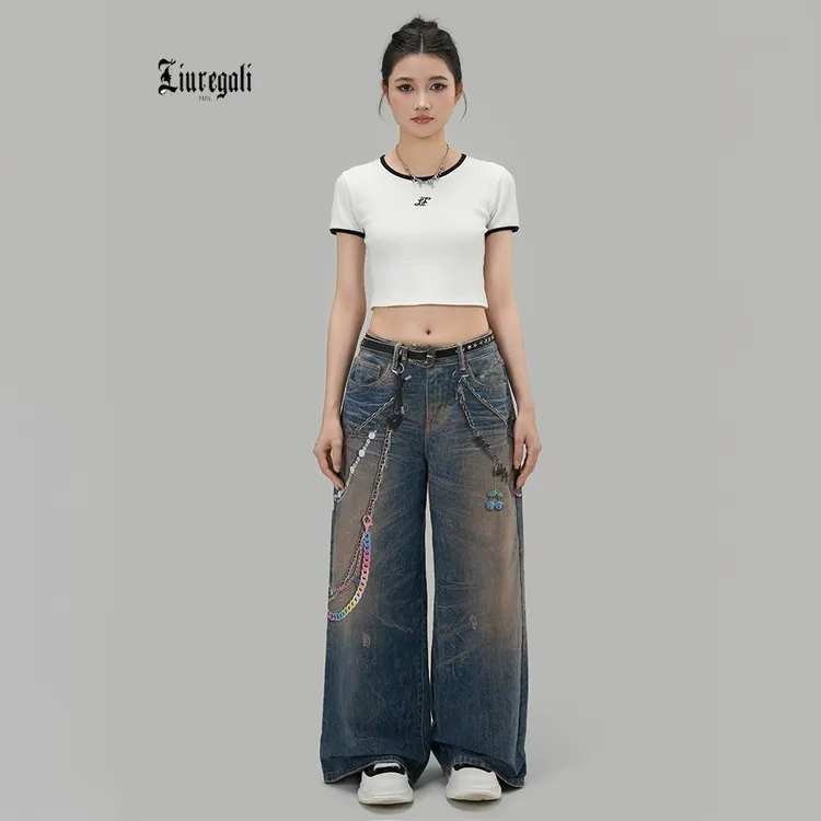 Liuregali美式高街牛仔裤中性潮牌3D链条印花复古做旧宽松四季