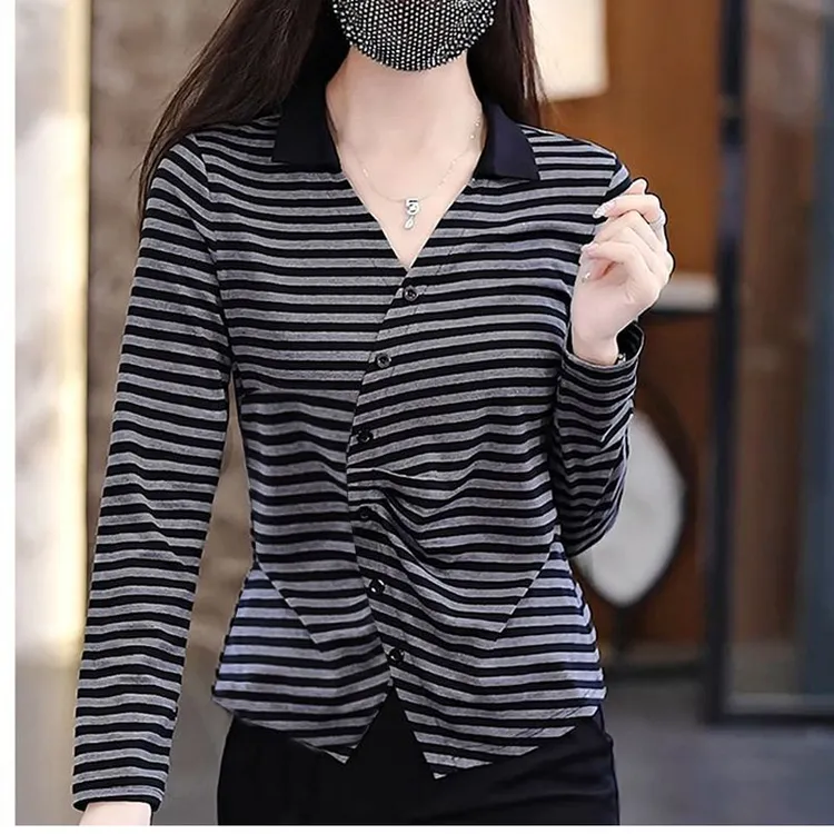 5566长袖高端打底衫大码女装遮肚显瘦上衣秋季新款条纹衬衣v领T恤