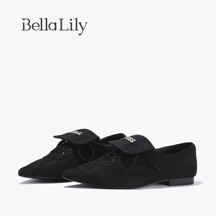BellaLily2025秋季新款时髦羊皮德训鞋女尖头拳击鞋休闲平底单鞋