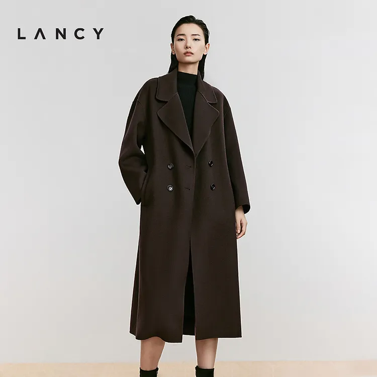 LANCY/朗姿2024冬新款简约风廓形羊毛大衣女时尚气质长款毛呢外套