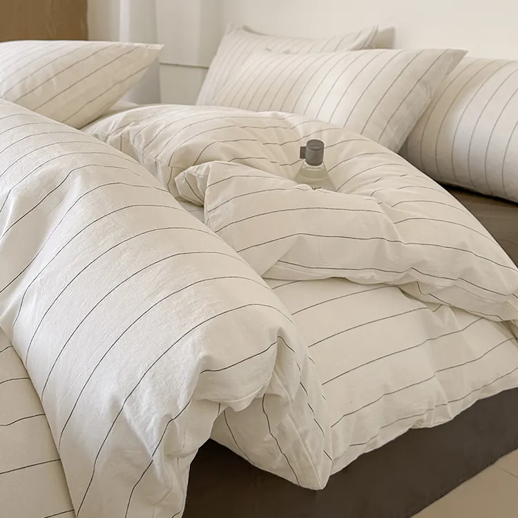 简约白色线条全棉四件套纯棉宿舍被套罩床单人床上用品三件套家纺