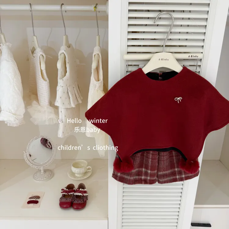 [乐恩baby] 过年战袍！冬季女宝宝红色斗篷格子加绒裤洋气两件套