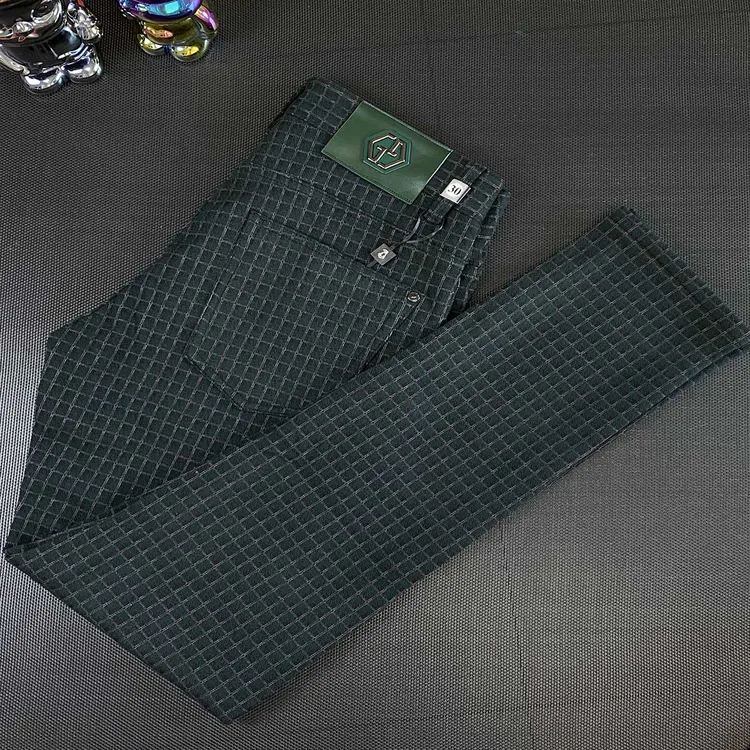 潮牌时尚绿色千鸟格子纹休闲裤男士秋冬款欧版保暖磨毛长款男裤子