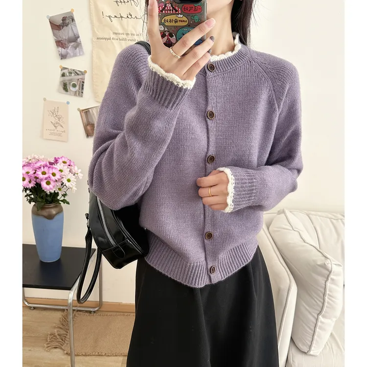 6014秋季新款慵懒风圆领女士毛衣外套短款纯色上衣针织开衫