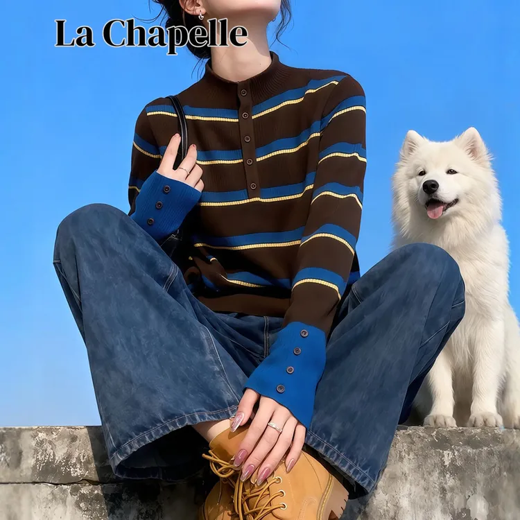 拉夏贝尔撞色条纹半高领针织衫毛衣女款新款时尚冬装内搭打底上衣