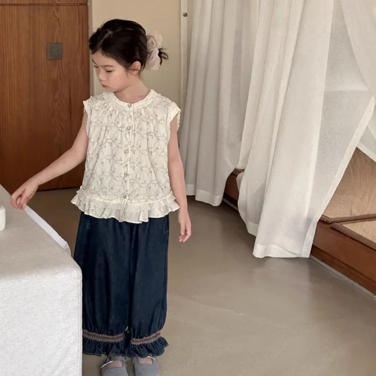 2025夏季儿童衬衫女童复古法式碎花蕾丝坎肩马小女孩韩版牛仔裤