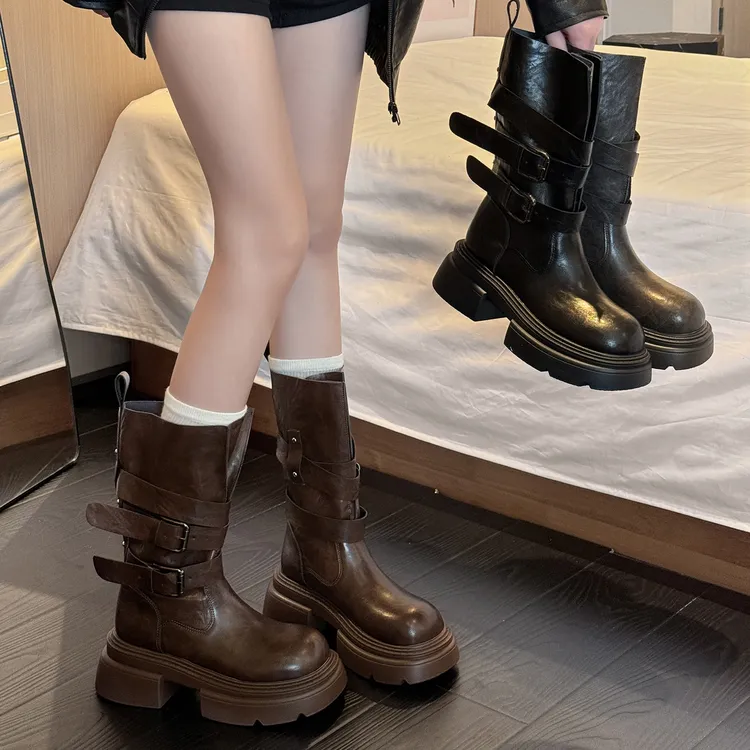 贾不假马丁靴女款2025新款夏季皮带扣百搭超火显瘦厚底增高短筒靴