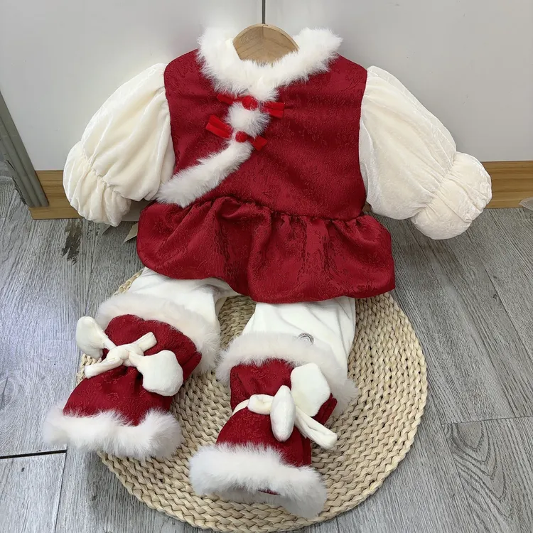 童谣高定款棉花衣400克红色年款两件套拜年服