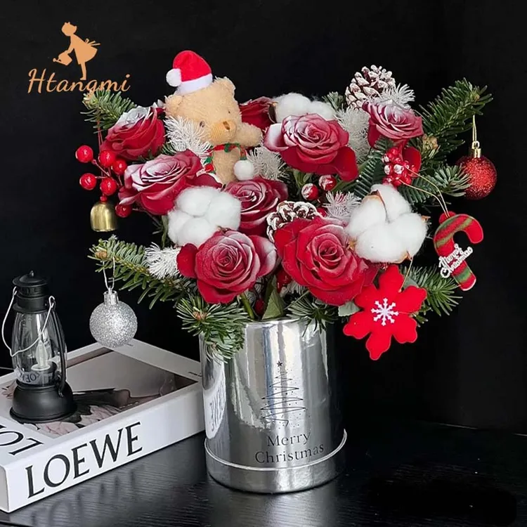 【汉唐美】圣诞节银色镜面雪花抱抱桶花盒鲜花包装盒气球花束礼盒