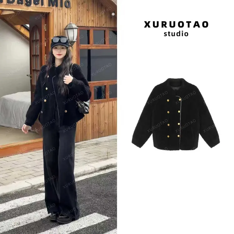 XURUOTAO【高知小香】100羊毛高级皮毛一体时髦百搭黑色外套 T5783