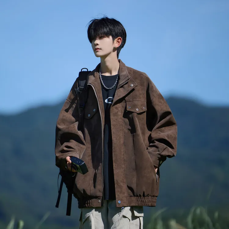 VUUG美式扎染PU皮翻领外套男款春秋季潮牌宽松男生夹棉工装风夹克