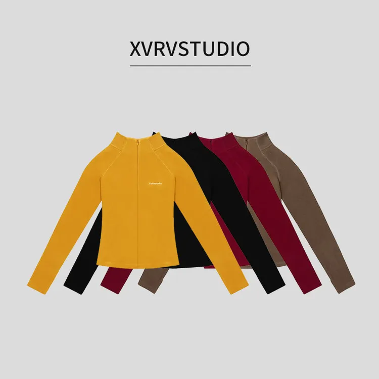 XVRV“聚热德绒”美式拉链立领长袖2025秋冬新款百搭T恤显瘦上衣服