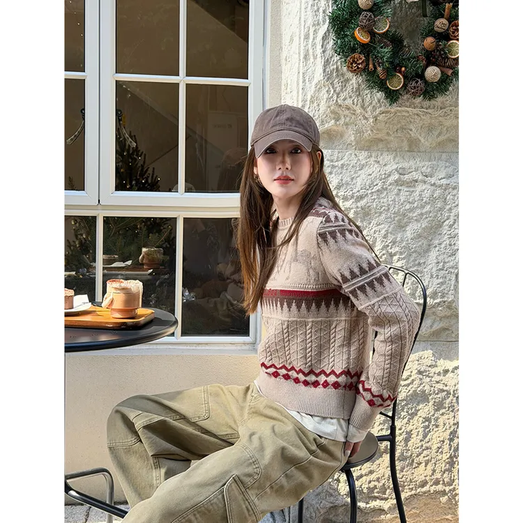 PH 《榛果麋鹿》复古提花羊毛混纺针织时尚潮流百搭圆领毛衣 PH3252