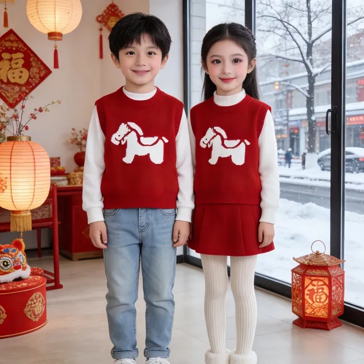 [小马马甲]2025冬季新款红色毛衣中大童男女童装套头儿童红色毛衣