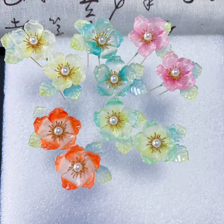 琉璃凌霄花小U钗发钗汉服发饰新中式旗袍发饰甜美百搭少女纯手工