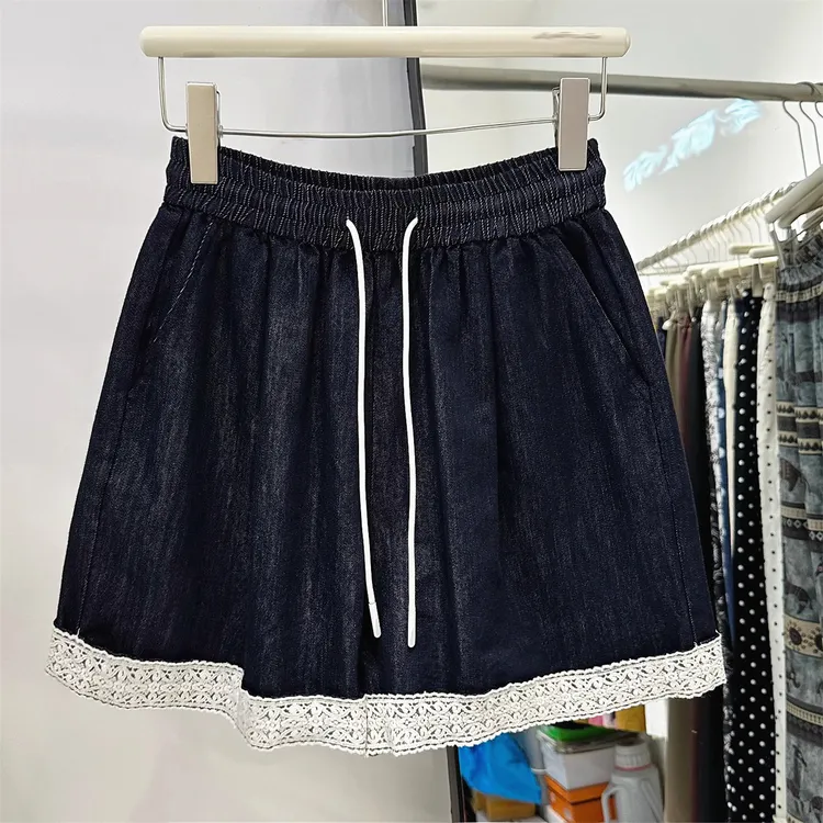 韩系2025夏薄款甜美蕾丝花边牛仔短裤女松紧腰宽松显瘦洋气阔腿裤