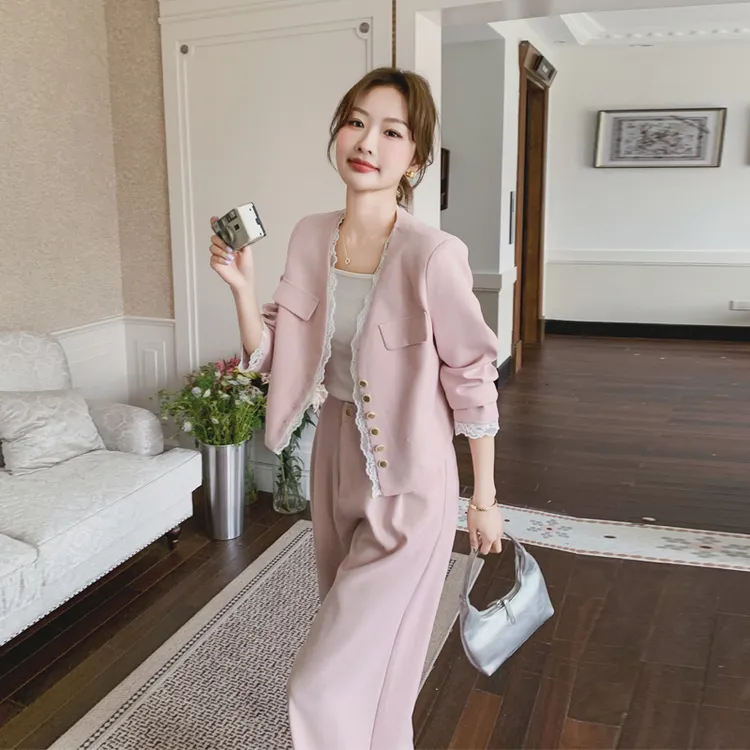 蕾丝花边西装套装裤女2025早春新款韩系极简风穿搭松弛感两件套潮