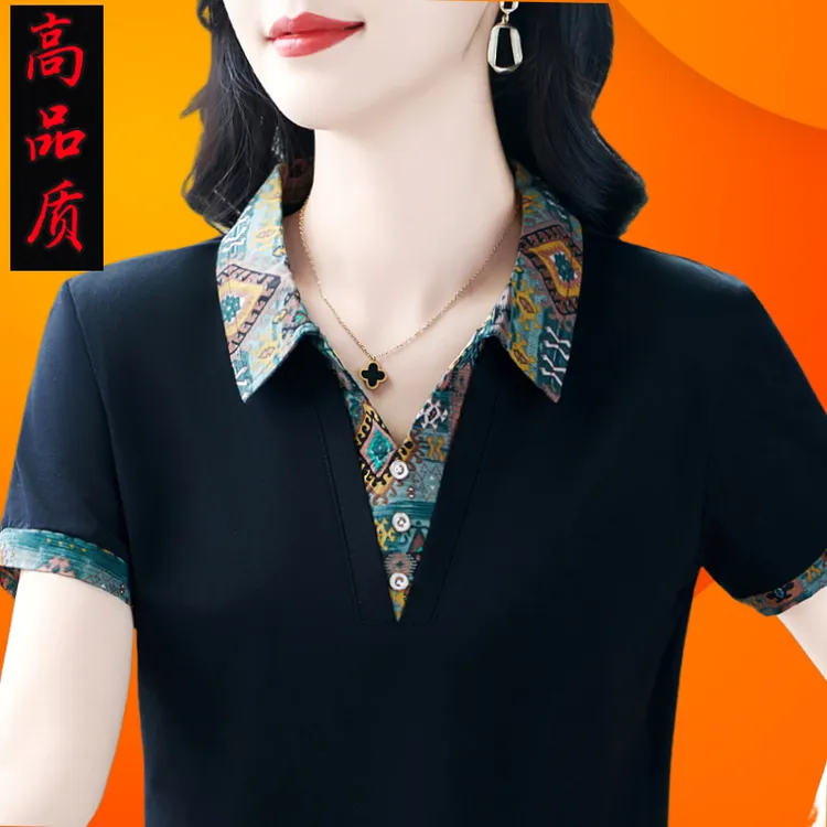 2025品牌新中式国风短袖t恤女夏季翻领2025妈妈洋气运动polo衫OL
