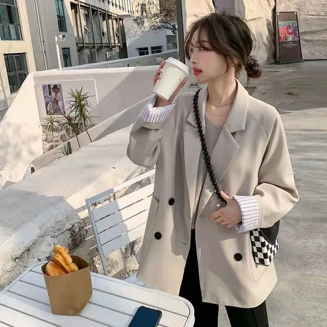 2025春秋新款韩版中长款双排扣休闲小西服chic宽松撞色西装外套女
