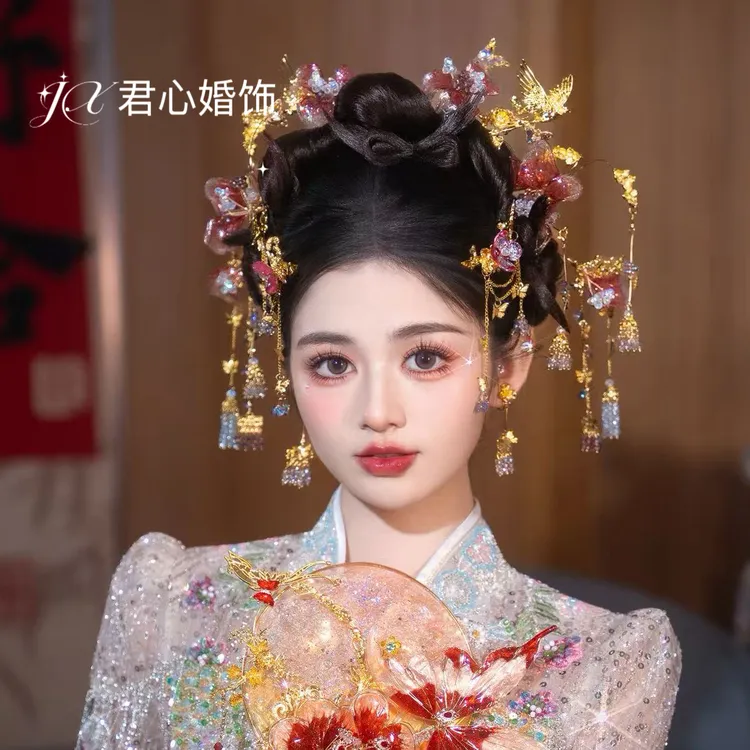 君心家 2-4金粉甜美新娘发钗不对称八件套中式秀禾结婚头饰