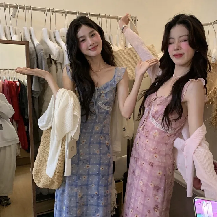 Cute Club 甜美法式格子蕾丝拼接绑带连衣裙夏季修身显瘦百搭裙子