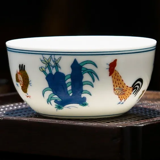 国潮茶具大号鸡缸杯仿古大明成化斗彩手绘薄胎品茗杯主茶周边配件