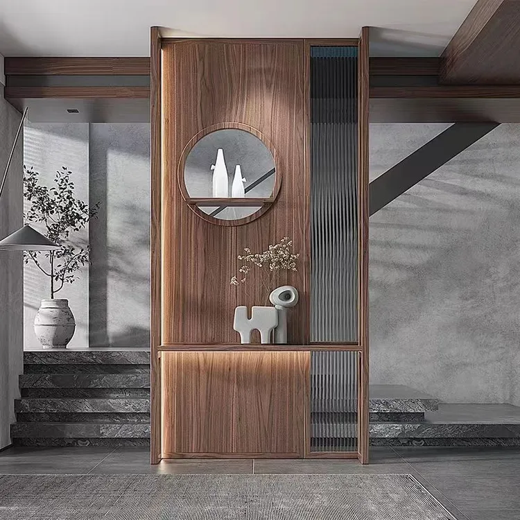 简约现代入户屏风隔断新中式餐厅遮挡实木家具置物架现代长虹玻璃