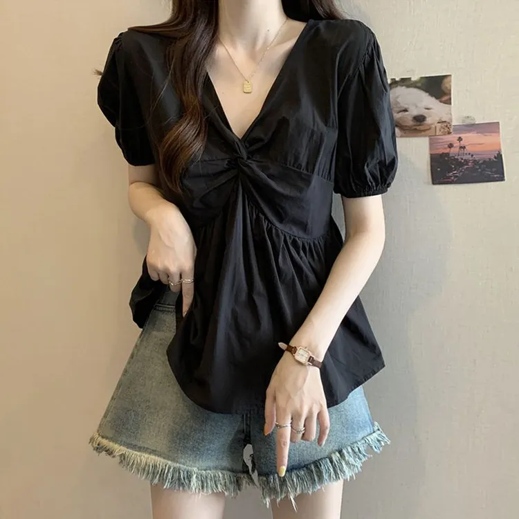 大码女装遮肚子泡泡袖V领短袖衬衫女夏季胖妹妹显瘦遮肉雪纺上衣