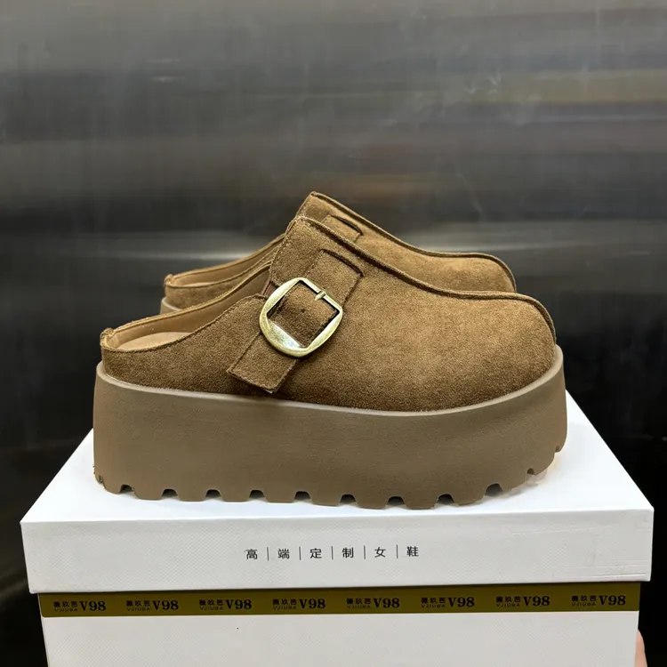 反毛皮超轻厚底勃肯鞋包头拖女2025秋季新款百搭增高魔术贴半拖鞋