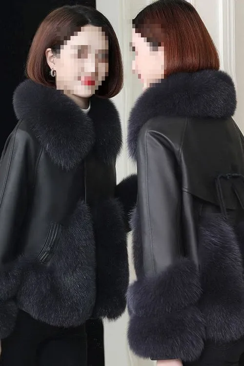 氨纶新款冬季绵羊皮皮衣羽绒服女短款仿狐狸毛领皮草一体外套韩版