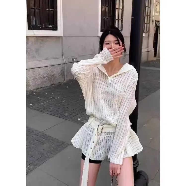 韩系镂空蕾丝荷叶边长袖针织衫女2025早春新款高级感连帽绝美上衣