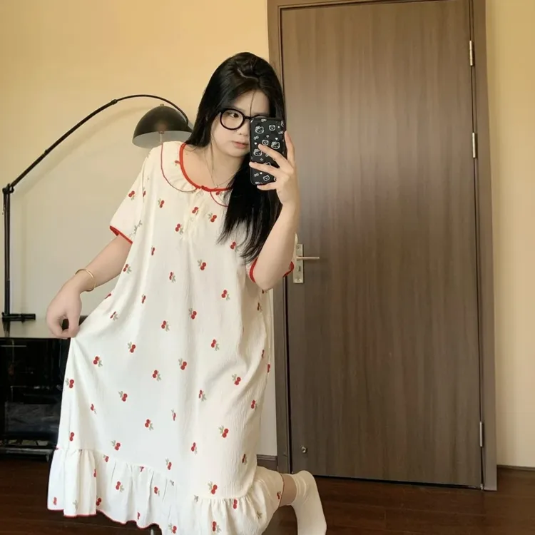 2025网红爆款短袖樱桃睡裙女夏季大码宽松可穿到300斤孕妈妈可穿