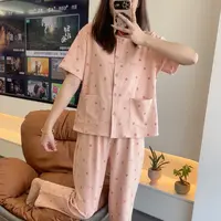  8153{拍一发三}带胸垫夏季女士睡衣短袖长裤套装(粉色花朵蝴蝶结