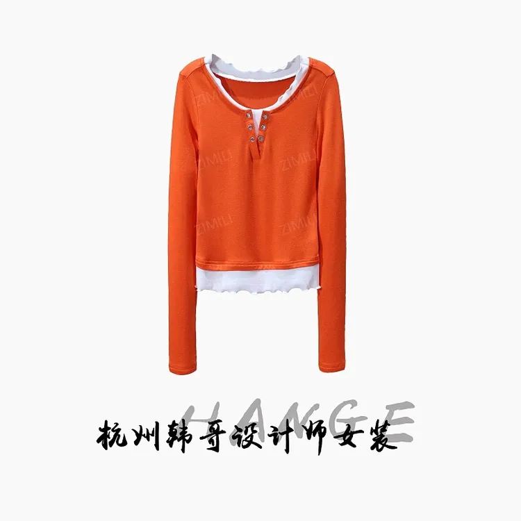 【韩哥女装】2025新品火砖红撞色拼接假两件高弹打底上衣7892-A1